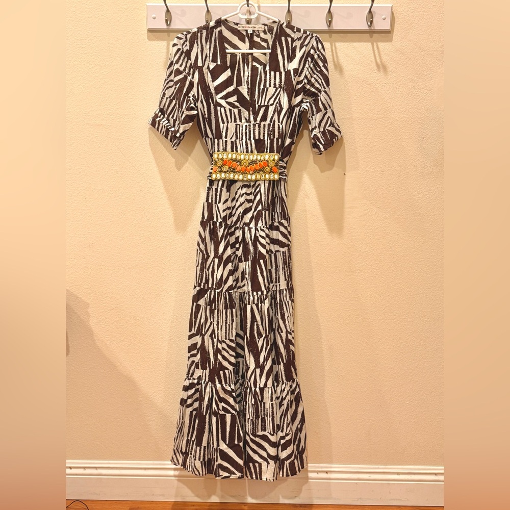 Anthropologie Corey Lynn Calter Zebra Print Boho Dress w/ Beaded Belt, Size 2